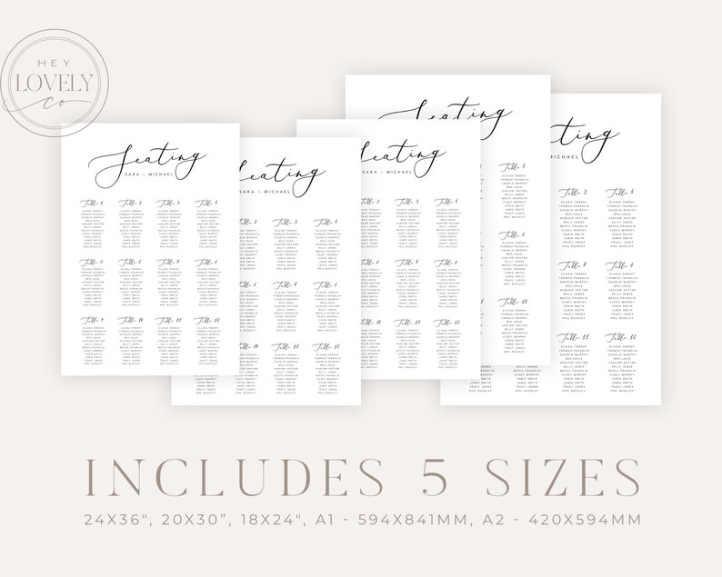 May include: Five printable seating chart templates in different sizes: 24x36 inches, 20x30 inches, 18x24 inches, A1 - 594x841 mm, A2 - 420x594 mm. Each template features a simple, elegant design with the word "Seating" written in a script font.