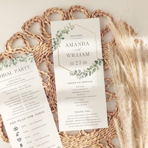 May include: Wedding ceremony order of service card with a gold geometric frame and green watercolor leaves. The card includes the names Amanda and William, the date Saturday, April 27th, and the order of service for the ceremony.