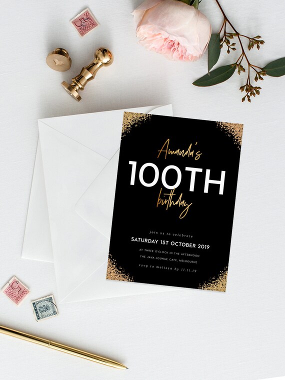 Foil 100th Birthday Invite Instant Download One Hundred Etsy