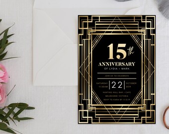 15th Anniversary Invitation INSTANT DOWNLOAD Golden Wedding Party, Anniversary Invite Template, Anniversary Party, Gatsby, Art Deco, 20s