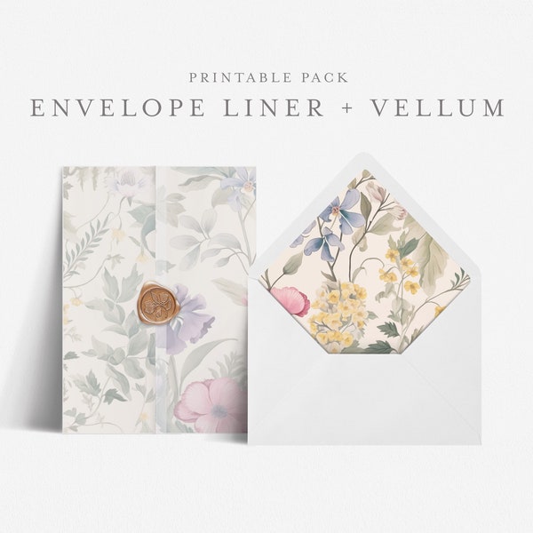 5x7 Envelope Liner Template with Printable Wedding Vellum Overlay, Euro and Square Flap, Print at home DIY, Floral Botanical - BAS01