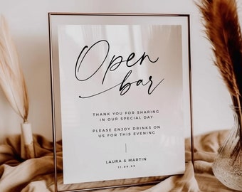 Open Bar Sign, Simple Modern Minimalist Drinks Printable for Wedding, Editable Alcohol Signage, Drinks are on us sign 8x10 5x7 - BAS01