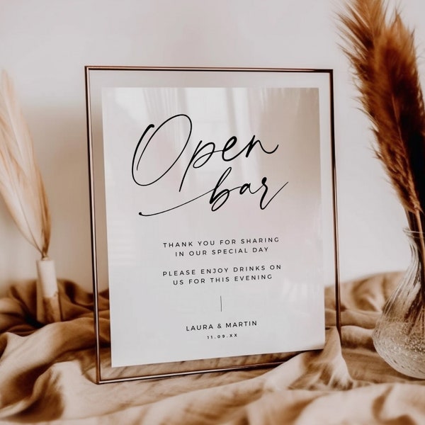 Open Bar Sign, Simple Modern Minimalist Drinks Printable for Wedding, Editable Alcohol Signage, Drinks are on us sign 8x10 5x7 - BAS01