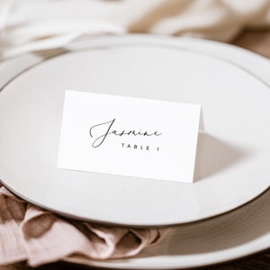 モダンな席札テンプレート + 食事アイコン、フラット + 折りたたみ、印刷可能なミニマリストの結婚式の席札、編集可能なフードカード、エスコートカード - BAS03