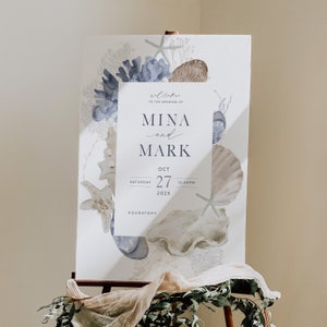 Plantilla de signo de bienvenida de boda, cartel de bienvenida, signo de bienvenida de bricolaje editable moderno 18x24, 20x30, 24x36, boda en el océano, conchas marinas - HLW23