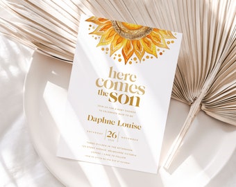 Here Comes the Sun Baby Shower Invitation, Printable Boho Sunshine Sprinkle Invite, For a Boy or Son, Little Ray of Sunshine BUB002