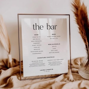 Modern Drink Menu Template, Minimalist Wedding Bar Menu, Simple Printable Wedding Drink Menu, The Bar Sign, Wedding Drinks 8x10, 5x7 - BAS10