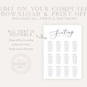 May include: Editable wedding seating chart template with a black and white design. The chart is labeled "Seating" with the names "Sara & Michael" underneath. The chart is divided into 12 tables, each labeled with a table number.