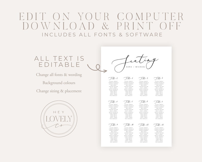 May include: Editable wedding seating chart template with a black and white design. The chart is labeled "Seating" with the names "Sara & Michael" underneath. The chart is divided into 12 tables, each labeled with a table number.