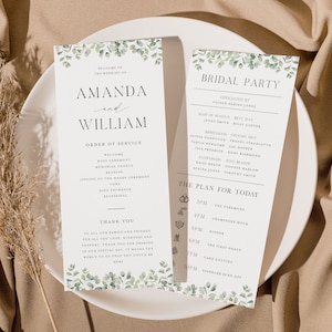 May include: Wedding ceremony program with a green leafy design. The program includes the order of service, the bridal party, and the plan for the day. The text reads "Welcome to the wedding of Amanda and William".