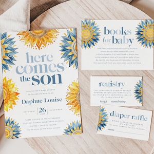 Baby Shower Invitation Bundle, Printable Boho Sunshine Invite, Registry, Books for Baby, Diaper Raffle, Little Ray of Sunshine BUB002