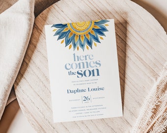 Here Comes the Sun Baby Shower Invitation, Printable Boho Sunshine Sprinkle Invite, For a Boy or Son, Little Ray of Sunshine BUB002