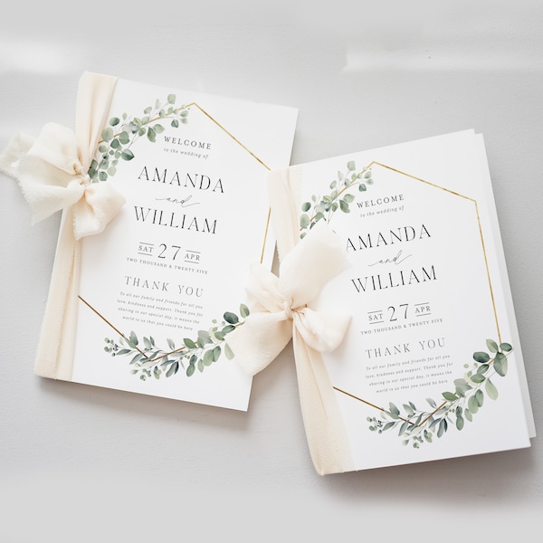 Program do druku Greenery Wedding, składany szablon, akwarela z liśćmi eukaliptusa, porządek nabożeństwa, ceremonia katolicka, chrześcijańska - HLW08