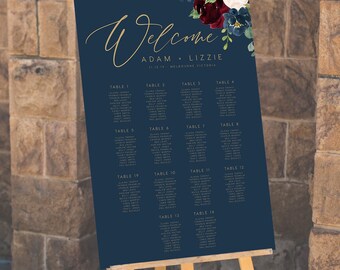Navy Seating Chart, INSTANT DOWNLOAD Portrait, Sign, Signage, Table Poster, Seating Plan, Table Layout, ink, watercolor, Floral