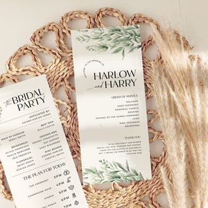 May include: A wedding program with a green watercolor floral design. The program lists the order of service for the wedding of Harlow and Harry. The program also includes a list of the bridal party members and the schedule of events for the day.