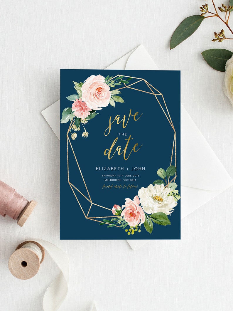 Pink Peonies White flowers Navy Save The Date INSTANT DOWNLOAD Editable Template blue PDF Printable Affordable Simple 5x7 wd005b
