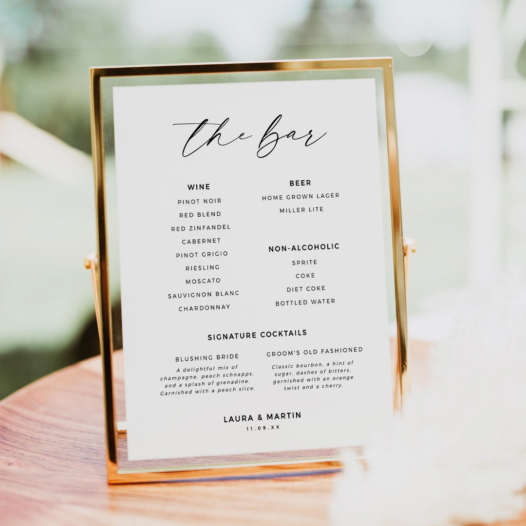 Elegant Wedding Bar Menu Sign, Minimalist Wedding Bar Menu