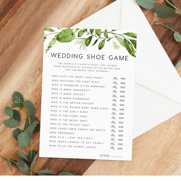 Wedding Shoe Game INSTANT DOWNLOAD Wedding Game, He said she said, The Shoe Game, Bridal Wedding Couples Shower, Fun Wedding Games, leafy