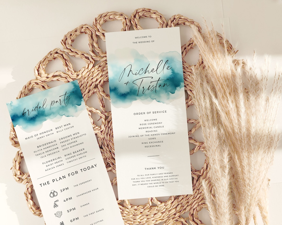 Teal Blue Wedding Printable Program, Slim Long Watercolor Program ...