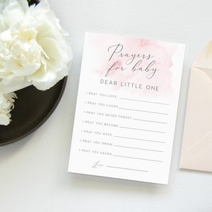 Carte de prières pour bébé TÉLÉCHARGEMENT IMMÉDIAT Modèle de jeu de baby shower, jeu à imprimer, prière de baptême, prière de baptême, croix, rose poudré