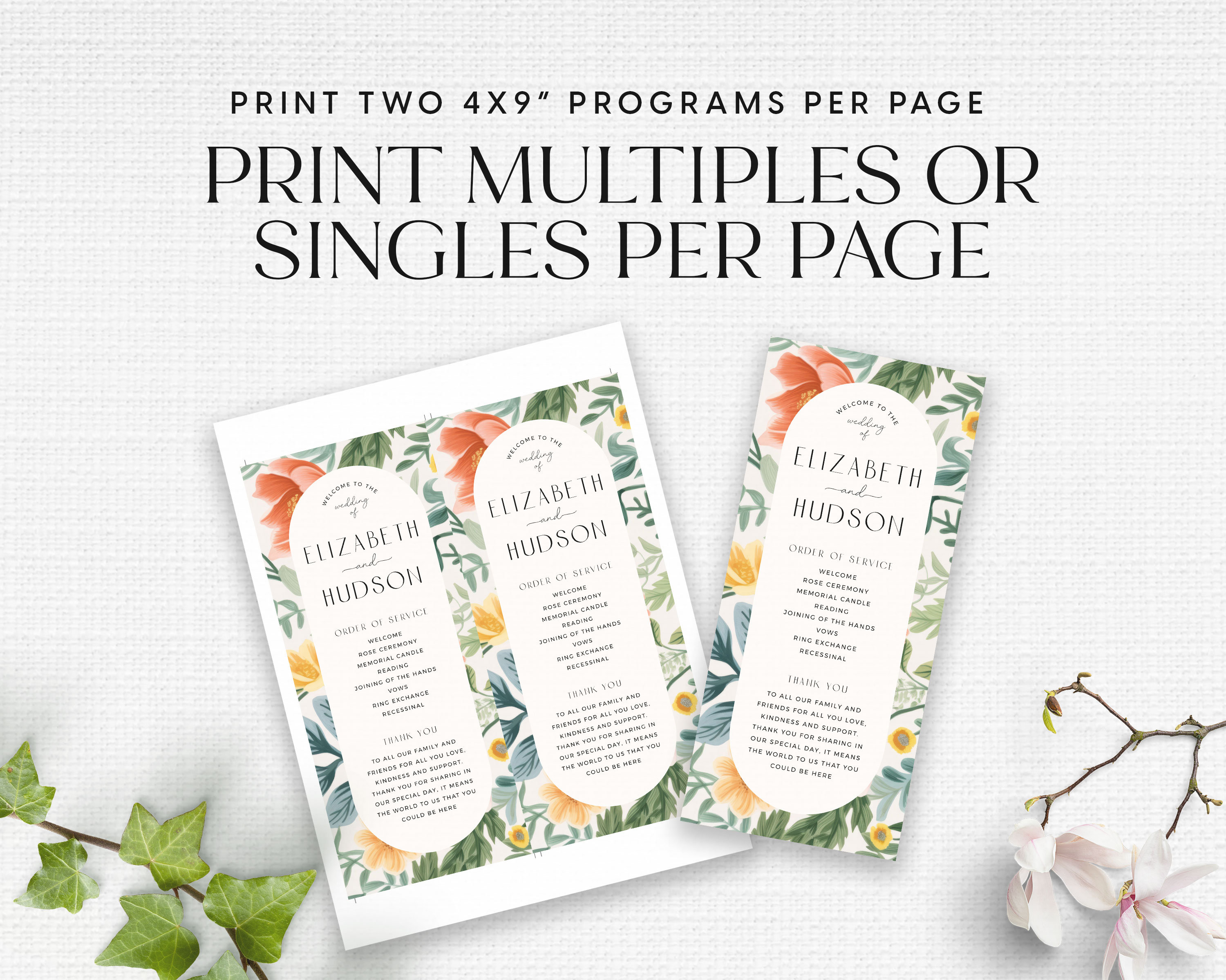 Vintage Floral Wedding Printable Program, Slim Long Flowers Program ...