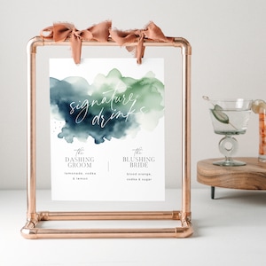 Bebidas exclusivas de azul marino y salvia, plantilla de menú de bar, boda simple, menú de bebidas de boda imprimible en azul y verde, 5x7 8x10 - HLW07