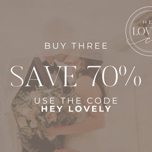 May include: A couple in a wedding setting with a bouquet of flowers. The text reads "Buy Three Save 70% Use the Code Hey Lovely" and a logo for "Hey Lovely Co."
