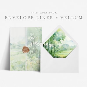 5x7 Envelope Liner Template with Printable Wedding Vellum Overlay, Euro and Square Flap, Print at home DIY, Scenic Greenery - BAS08