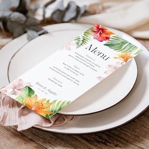 Modèle de menu de mariage tropical, carte de mariage imprimable, menu de dîner de mariage à destination lumineuse sur la plage, menu de table longue 4x9 - HLW03