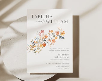 Wildflower Wedding Invitation Template, Printable Boho Floral Wedding Invite, Floral Wreath Editable Wedding Invitation Suite 5x7 - HLW06
