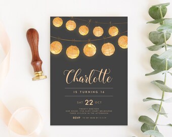 Lanterns 16th Birthday Invite INSTANT DOWNLOAD, Sixteenth Birthday, Teenager, for boy, for girl Templett, glowing, lights, outdoors, night
