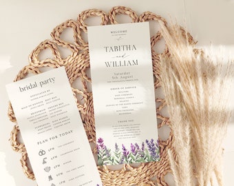 May include: Wedding ceremony program with a floral design featuring lavender flowers. The program includes the order of service, bridal party, and a plan for the day. The text includes the names Tabitha and William, and the date Saturday, 5th August.