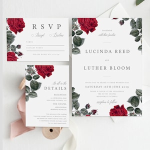 Rosas Rojas Boda Invitar Tarjeta RSVP y Deseando Bien DESCARGA INSTANTE, Invitación de boda, Invitación imprimible Diy, Templett, Pdf editable