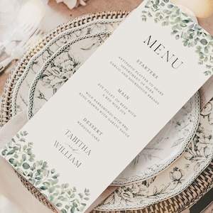 Eukalyptus-Hochzeits-Menü-Vorlage, druckbare Eat-Hochzeitskarte, Blätter-Hochzeits-Abendessen-Menü, salbeigrün, grün, langes Tischmenü 4x9 - HLW08