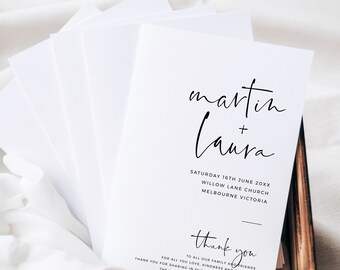 May include: A white thank you card with black calligraphy that reads "martin + laura" and the text "Saturday 16th June 20XX Willow Lane Church Melbourne Victoria" and "thank you" with the text "To all our family and friends for all you love, kindness and support. Thank you for sharing in our special day."