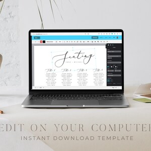 May include: A laptop computer screen displaying a wedding seating chart template. The template is editable and features a cursive font with the text "Seating" and "Sana & Michael".