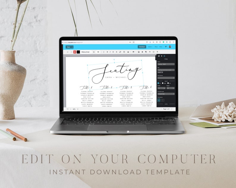 May include: A laptop computer screen displaying a wedding seating chart template. The template is editable and features a cursive font with the text "Seating" and "Sana & Michael".