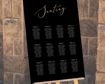 Black, Seating Chart, INSTANT DOWNLOAD Portrait, Sign, Signage, Table Poster, Seating Plan, Table Layout, Templett, ebony, modern, gold foil