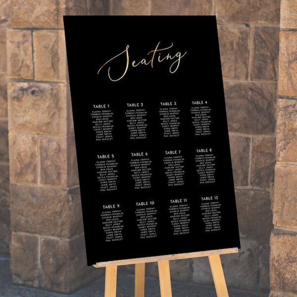 Black, Seating Chart, INSTANT DOWNLOAD Portrait, Sign, Signage, Table Poster, Seating Plan, Table Layout, Templett, ebony, modern, gold foil