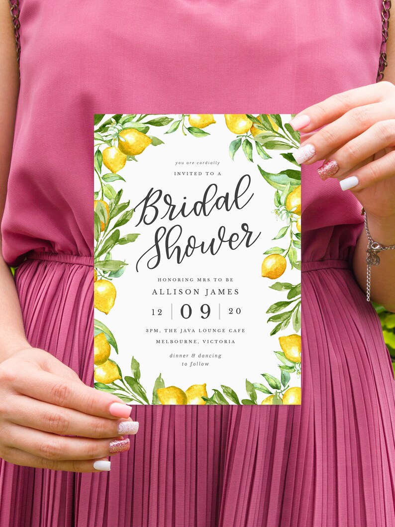 Lemons Bridal Shower Invitation INSTANT DOWNLOAD, Hens Night Invite, DIY Printable, Templett, Editable, Rustic Invites, Watercolor, Lemons 