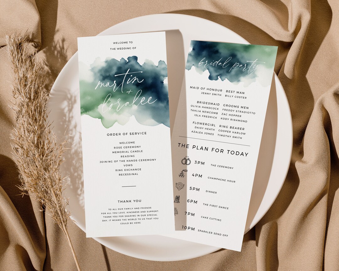 Sage + Navy Wedding Printable Program, Slim Long Watercolor Program ...