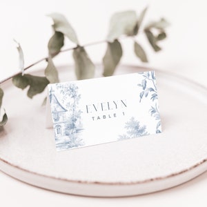 Toile Tischkartenvorlage + Mahlzeitensymbole, flach + gefaltet, druckbare staubblaue botanische Hochzeitstischkarte, bearbeitbare KarteEskortkarte - HLW01