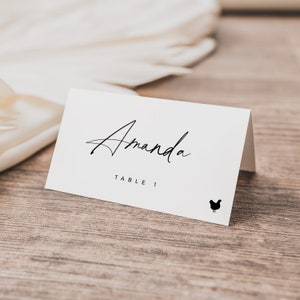 ミニマリストの席札テンプレート + 食事アイコン、フラット + 折りたたみ、印刷可能なモダンな結婚式の席札、編集可能なフードカード、エスコートカード - BAS01