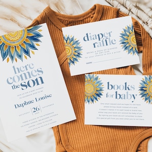 Baby Shower Invitation Bundle, Printable Boho Sunshine Invite, Registry, Books for Baby, Diaper Raffle, Little Ray of Sunshine BUB002
