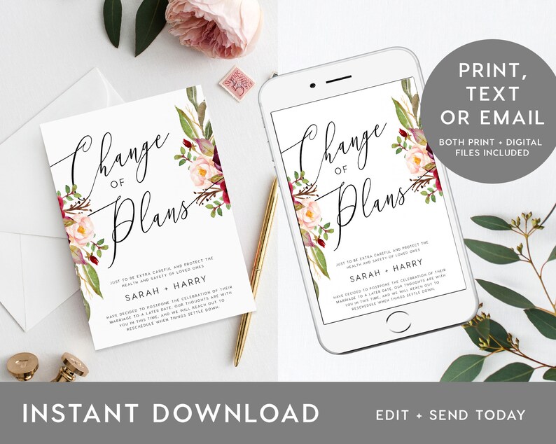 wedding postponed postpone wedding digital Change of Plans Announcement event party cancellation Postpone Wedding INSTANT DOWNLOAD