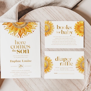 Baby Shower Invitation Bundle, Printable Boho Sunshine Invite, Registry, Books for Baby, Diaper Raffle, Little Ray of Sunshine BUB002