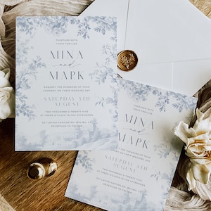 Plantilla de invitación de boda Toile, invitación a chinoiserie de porcelana azul polvoriento imprimible, suite de boda botánica tradicional 5x7 - HLW01 imagen 4