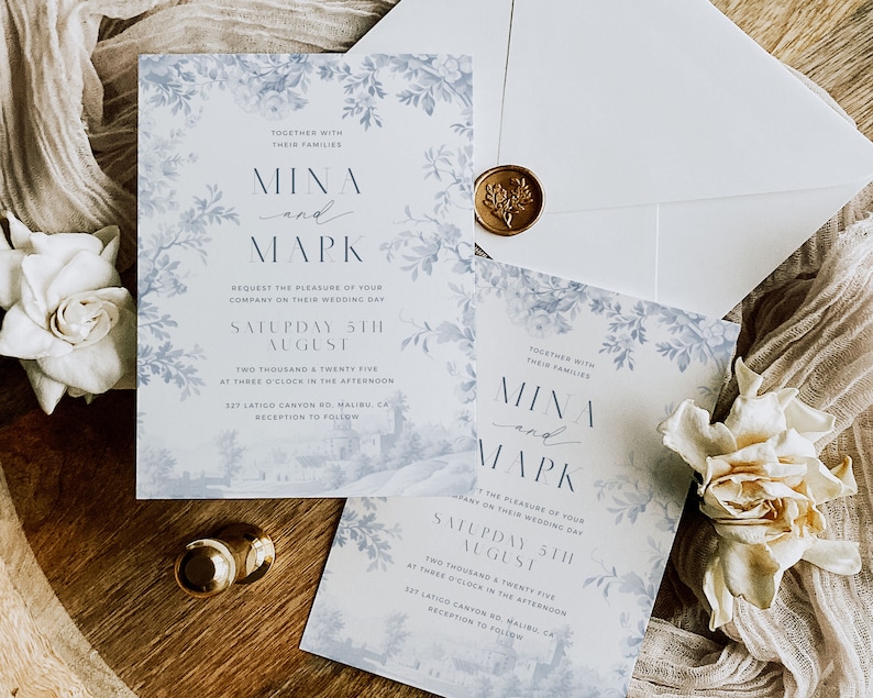Plantilla de invitación de boda Toile, invitación a chinoiserie de porcelana azul polvoriento imprimible, suite de boda botánica tradicional 5x7 - HLW01 imagen 4
