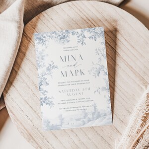 Plantilla de invitación de boda Toile, invitación a chinoiserie de porcelana azul polvoriento imprimible, suite de boda botánica tradicional 5x7 - HLW01 imagen 6