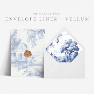 5x7 Umschlag Liner Template mit druckbarer Hochzeits-Vellum-Overlay, Euro und quadratischer Klappe, Print at home DIY, dunkelblauer Toile - BAS04